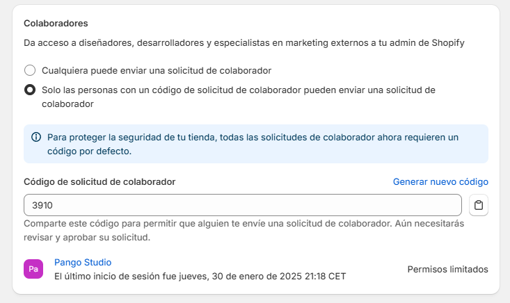 solicitud de colaborador de Shopify