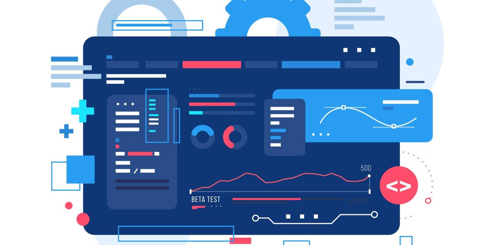 Ilustración de programación de página web en blog que explica Headless Commerce, PWA y SSR. Imagen de funcionamiento interno de ordenador de escritorio.