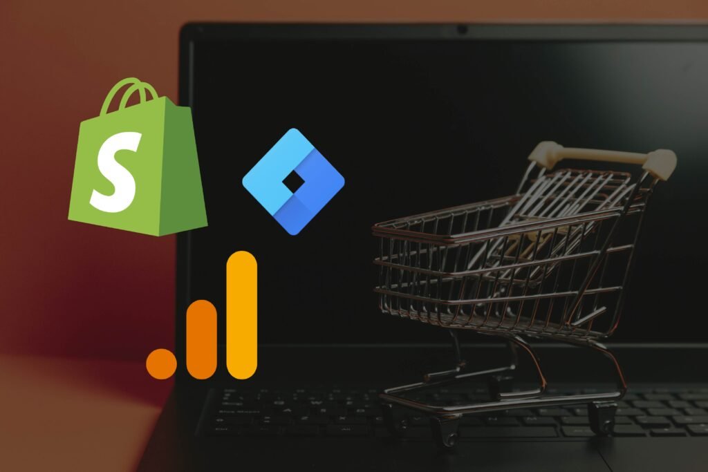 Carrito de compra encima de ordenador con logos de Shopify, Google Analytics y Google Tag Manager, herramientas para medir eventos en ecommerce de Shopify.
