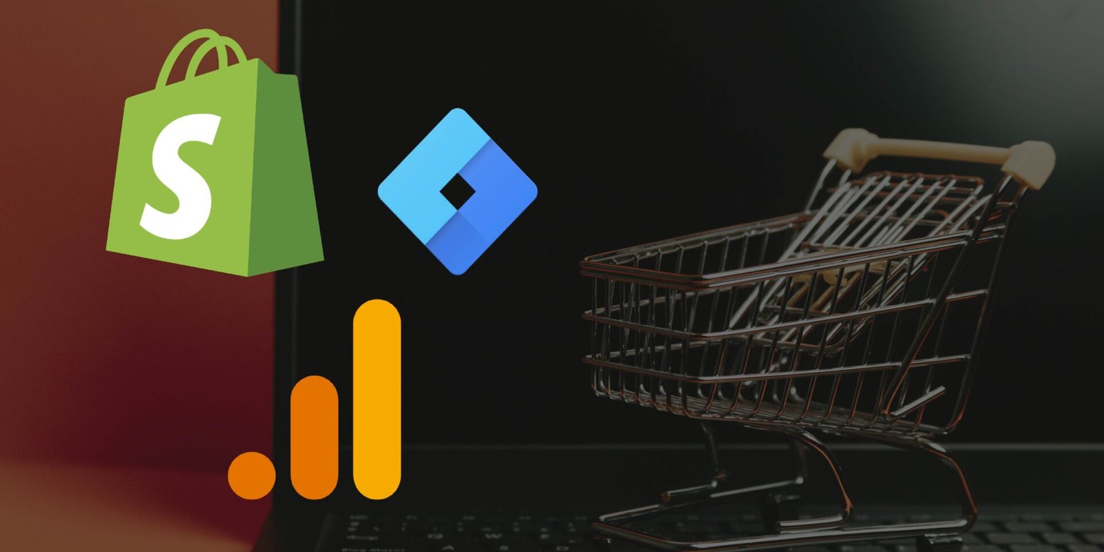 Carrito de compra encima de ordenador con logos de Shopify, Google Analytics y Google Tag Manager, herramientas para medir eventos en ecommerce de Shopify.