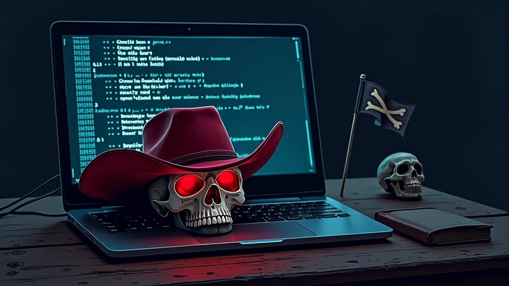 Sombrero de cowboy sobre un terminal — ilustración del modo --dangerously-skip-permissions de Claude Code