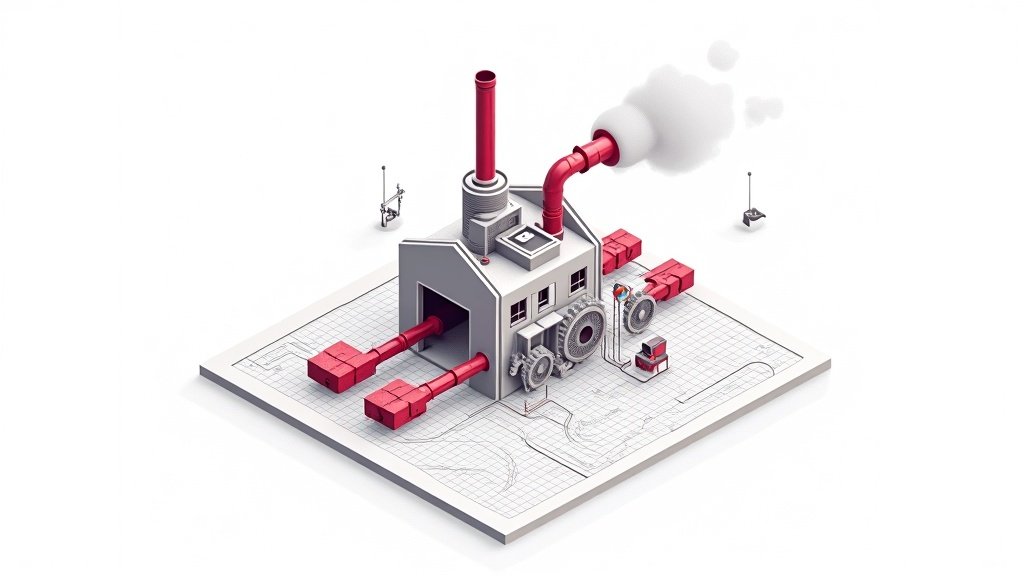 Ilustración isométrica de un pequeño taller con engranajes que generan bloques de datos ordenados