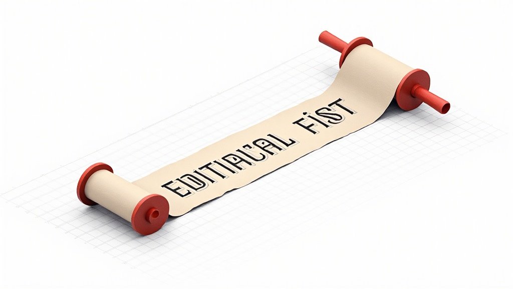 Ilustración isométrica de un texto pasando por un proceso editorial que lo estructura mejor