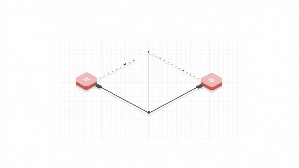 Ilustración isométrica de dos sistemas conectados por un cable con checkmarks