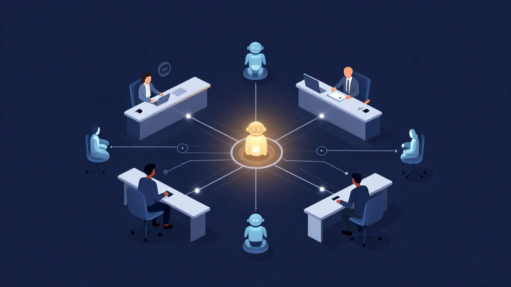 Personas y agentes de IA colaborando en un espacio de trabajo compartido, concepto de orquestación