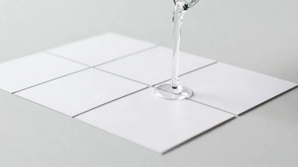 Cristal líquido cayendo sobre una rejilla de fichas en blanco