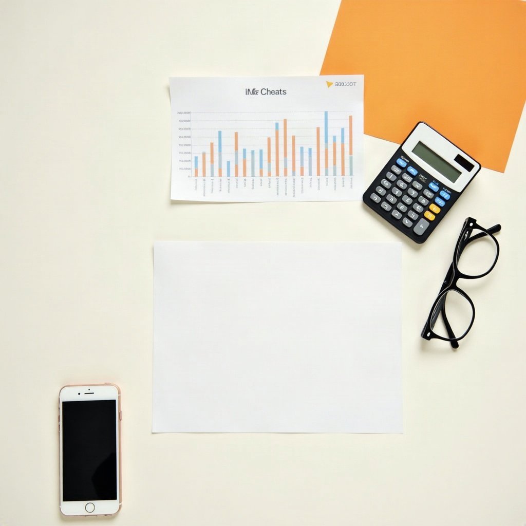 Un escritorio con una gráfica de ventas impresa y una calculadora
