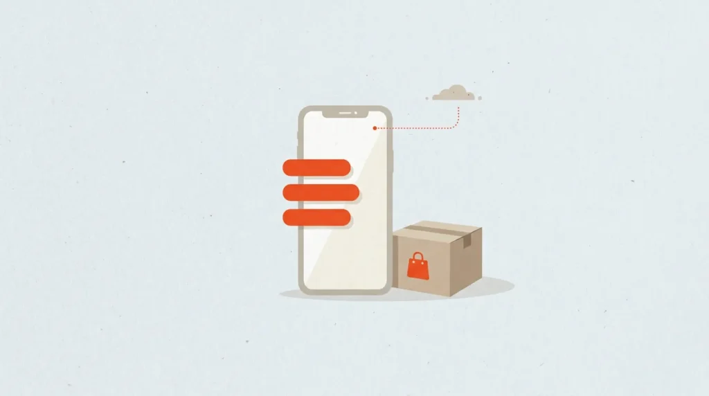 Móvil con tres avisos y una caja de envío, conectados a una nube