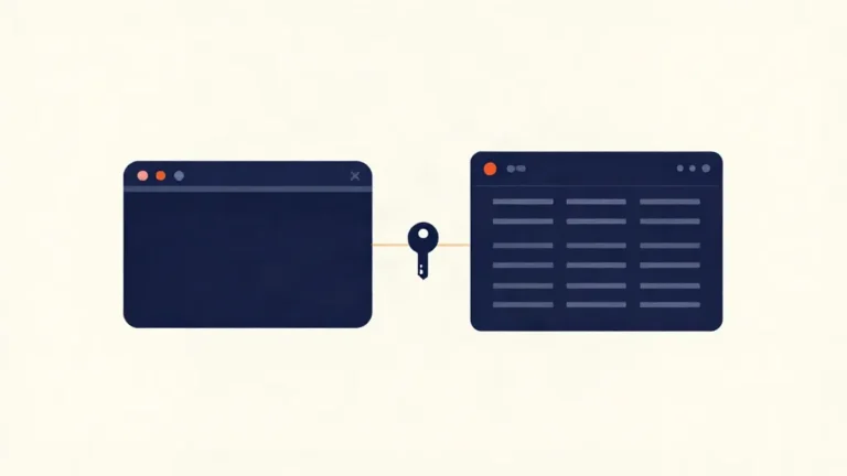 Una ventana de terminal y una tabla de base de datos unidas por una llave, en estilo editorial plano