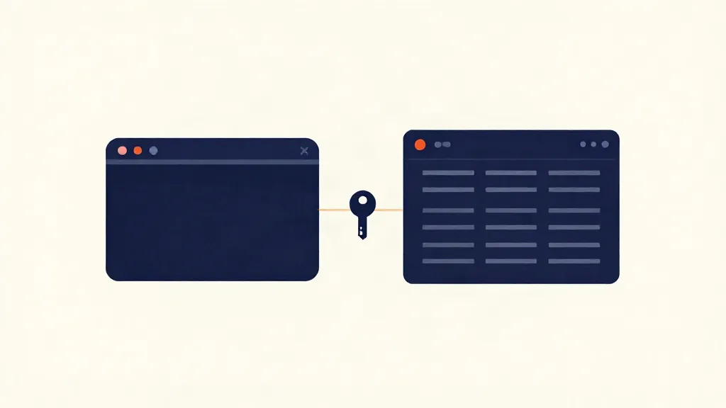 Una ventana de terminal y una tabla de base de datos unidas por una llave, en estilo editorial plano