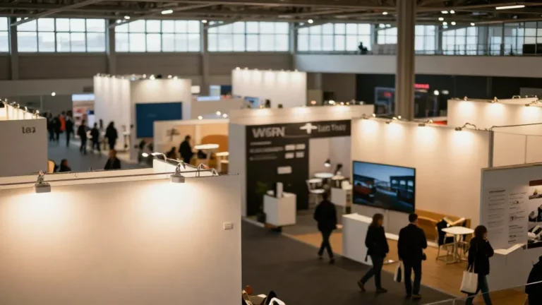 Pabellón de una feria profesional con stands y visitantes, visto desde una planta superior