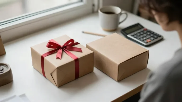 Dos cajas de regalo iguales sobre una mesa, una con lazo rojo y otra sin él, junto a una calculadora