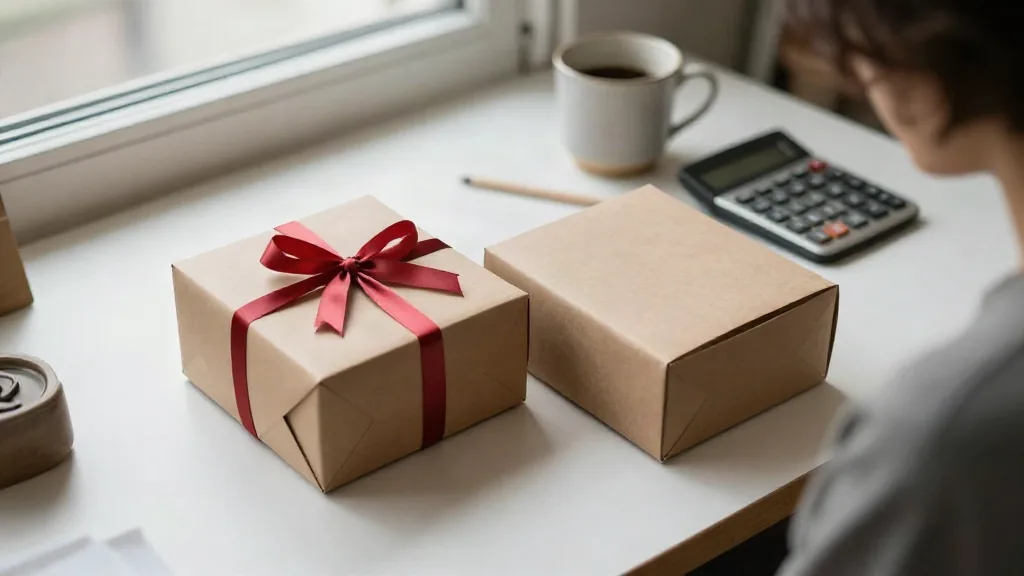Dos cajas de regalo iguales sobre una mesa, una con lazo rojo y otra sin él, junto a una calculadora