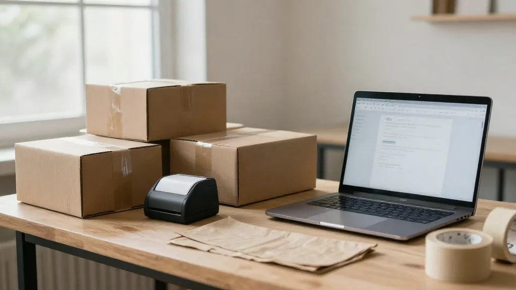 Mesa de preparación de pedidos de una tienda online con cajas de cartón